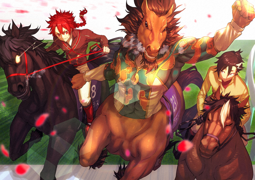 absurdres, alexander_(fate/grand_order), black_gloves, black_hair, braid, bridle, bucephalus, centaur, fate/grand_order, fate_(series), gloves, glowing, glowing_eyes, heavy_breathing, highres, horse, horseback_riding, huge_filesize, mandricardo_(fate/grand_order), nakanishi_tatsuya, red_hare_(fate/grand_order), redhead, riding