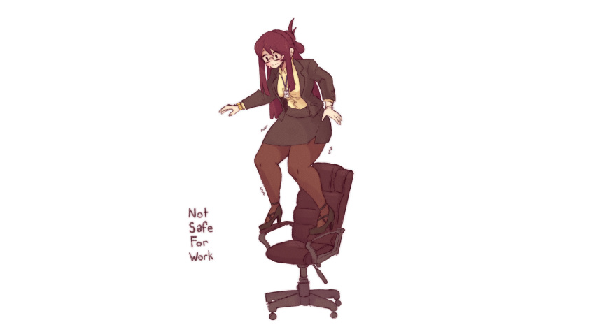 1girl, absurdres, black_eyes, blush, brown_hair, chair, closed_mouth, drop_dead_deputy, english_text, fingernails, glasses, hair_between_eyes, highres, id_card, long_hair, mole, mole_under_eye, office_chair, office_lady, original, pantyhose, simple_background, solo, standing, sweat, too_literal, trembling, watch, white_background