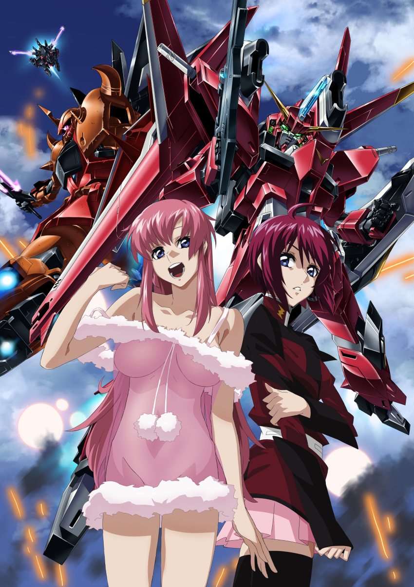 2girls, absurdres, ahoge, babydoll, blue_eyes, breasts, clenched_hands, flying