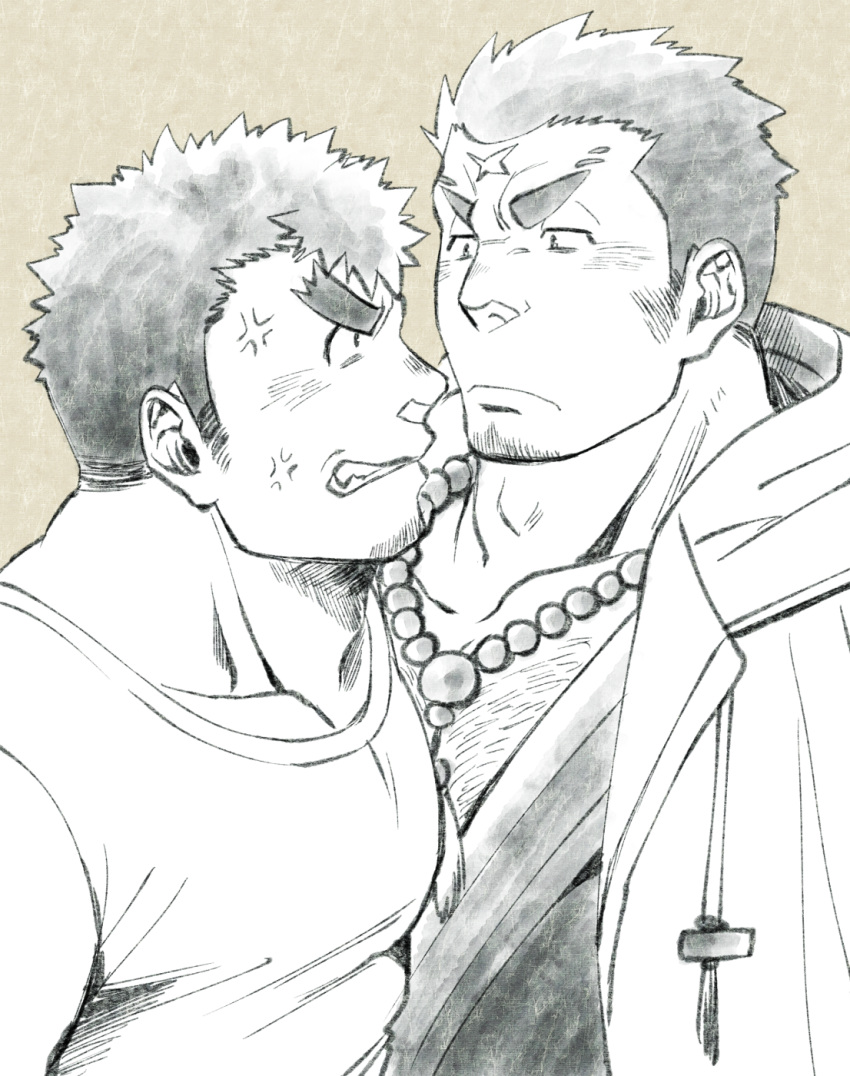 2boys, abs, angry, bara, beads, beard, black_hair, blush