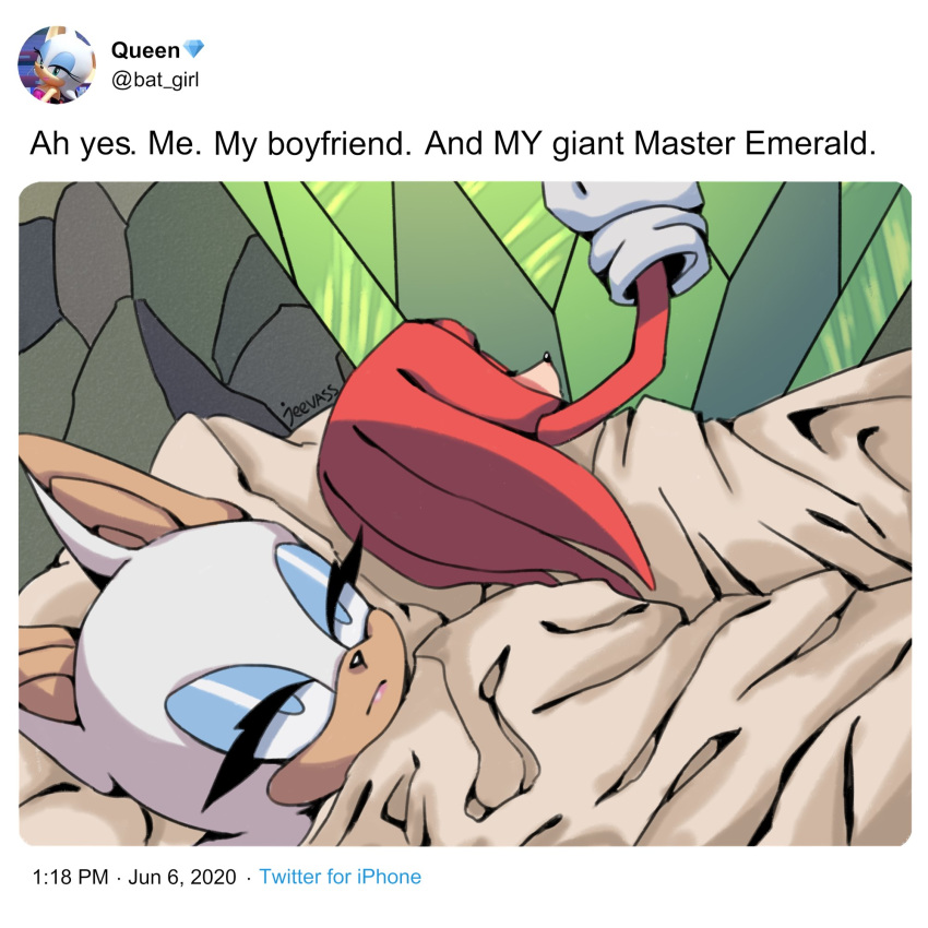 1boy, 1girl, 500_dollar_four_foot_tall_mareep, animal_ears, artist_name, bat_ears, closed_eyes, comedy, commentary, couple, english_commentary, english_text, eyelashes, fake_screenshot, furry, gloves, halterneck, hetero, highres, kjeevass, knuckles_the_echidna, looking_up, lying, master_emerald, meme, object_hug, parody, rouge_the_bat, sonic_(series), twitter, unamused, under_covers, user_interface
