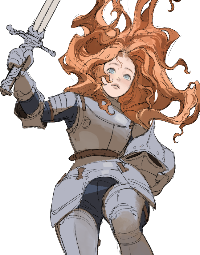 1girl, arm_guards, armor, big_hair, black_pants, black_shirt, blue_eyes, breastplate