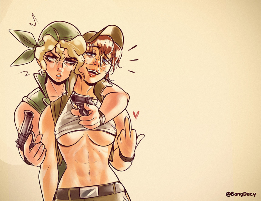2girls, bandana, bang_dacy, baseball_cap, belt, blonde_hair, breasts, brown_hair