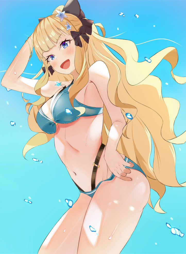 1girl, bangs, bikini, black_bow, blonde_hair, blue_eyes, blush, bow