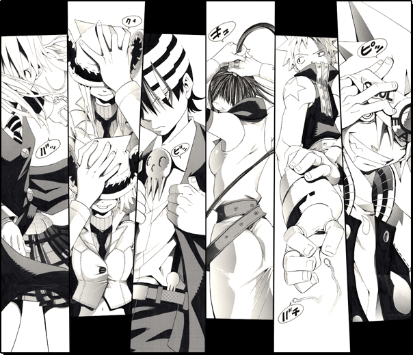 death_the_kid, elizabeth_thompson, maka_albarn, maka_arubaan, monochrome, nakatsukasa_tsubaki, okubo_atsushi, patricia_thompson