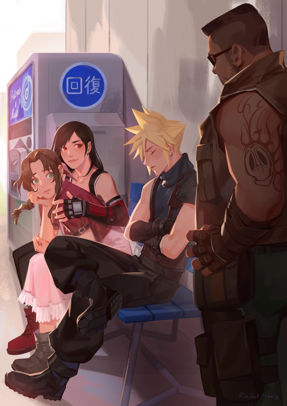 2boys, 2girls, aerith_gainsborough, arm_tattoo, barret_wallace, bench, biceps, black_hair
