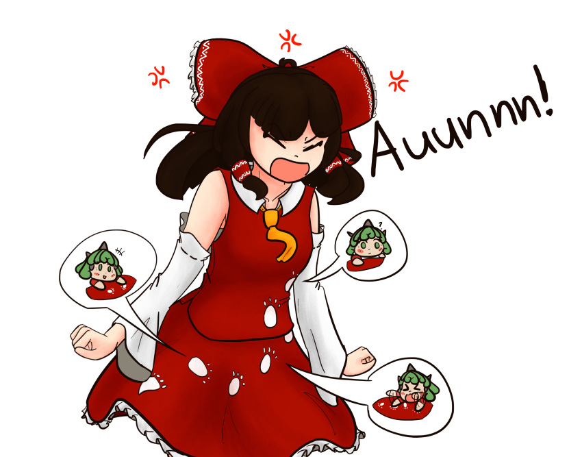 >_<, anger_vein, angry, english_text, hakurei_reimu, highres, komano_aun, paw_print, paws, playing_with_paint, red_clothes, senatorsnowbear, shouting, touhou, white_paint