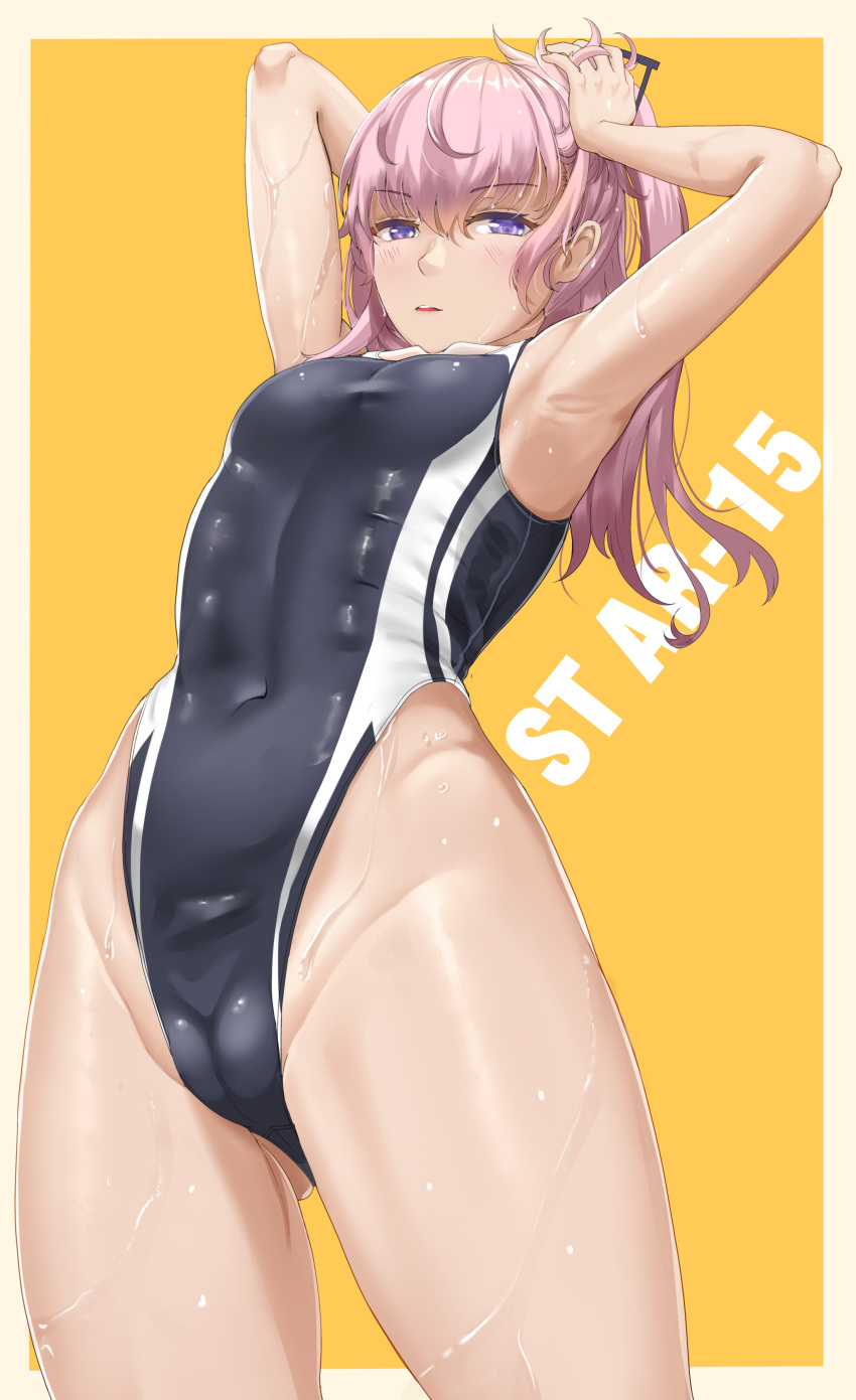 1girl, abs, absurdres, armpits, blue_swimsuit, blush, breasts, chiyo_goya