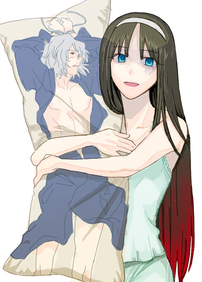 dakimakura, hands, hug, kuroi, multicolored_hair, pajamas, pillow, pillow_hug