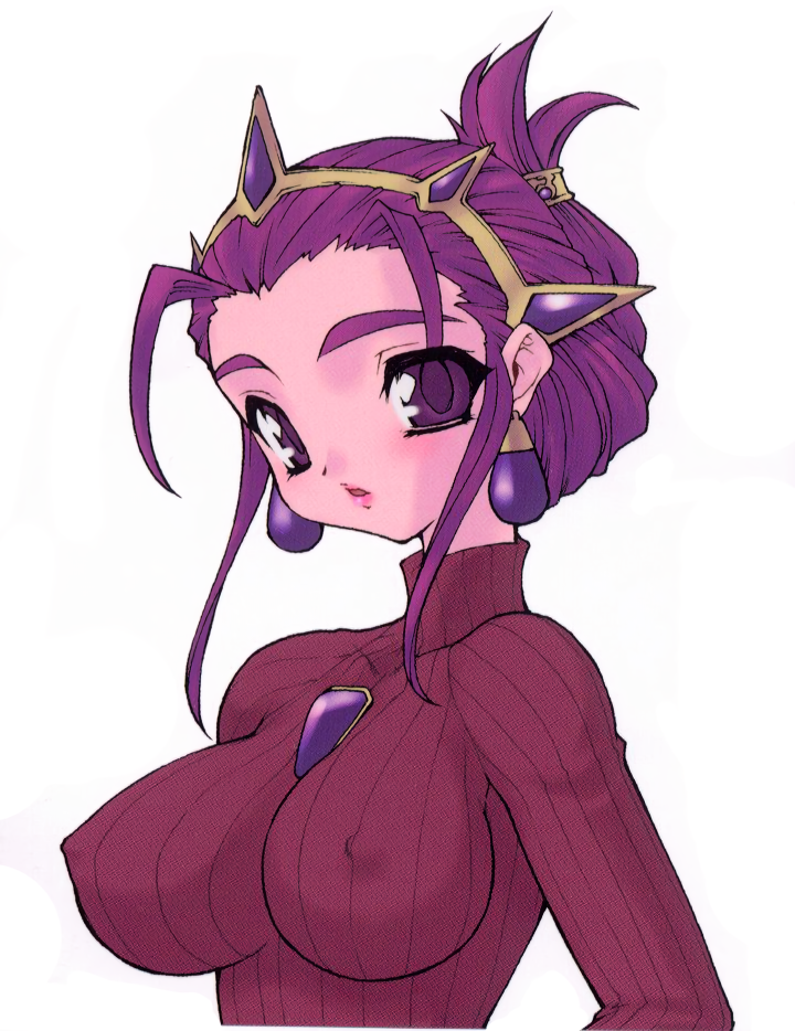 1girl, breasts, brooch, covered_nipples, earrings, folded_ponytail, headdress, jewelry