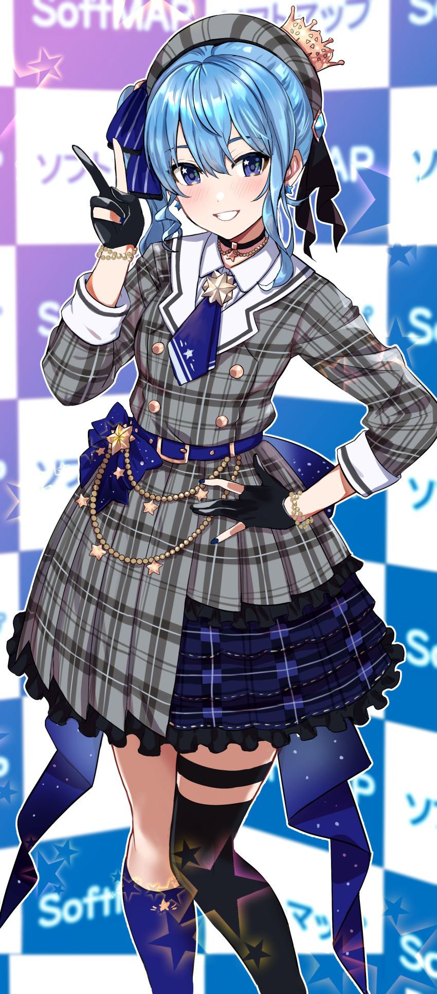 1girl, absurdres, asymmetrical_legwear, bangs, beret, black_gloves, black_legwear, blue_eyes
