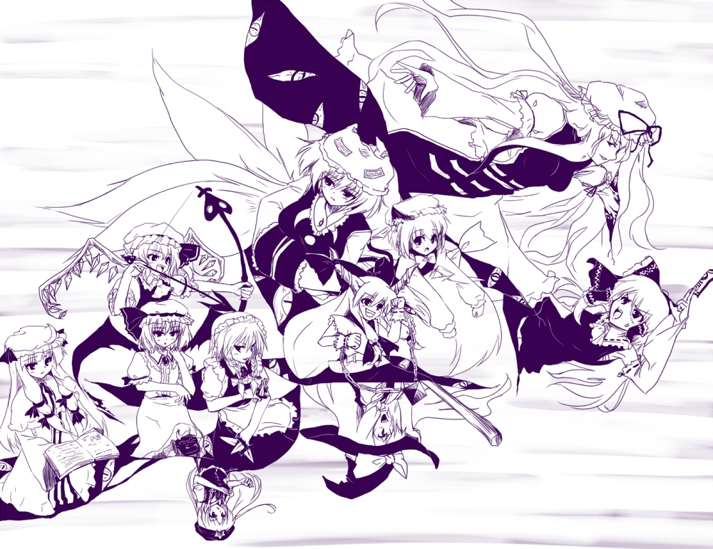 between_fingers, book, cat_ears, cat_tail, chen, date_hajime, exdeath, flandre_scarlet, fox_ears, fox_tail, gap, hakurei_reimu, hat, hong_meiling, horns, ibuki_suika, izayoi_sakuya, japanese_clothes, kirisame_marisa, knife, miko, monochrome, neo_exdeath, parody, patchouli_knowledge, purple, remilia_scarlet, ribbon, tail, touhou, wings, yakumo_ran, yakumo_yukari