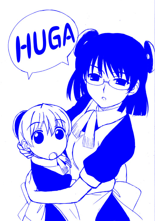 amatsuki_aruto, android, blue, flandre, francisca, glasses, gynoid, hug