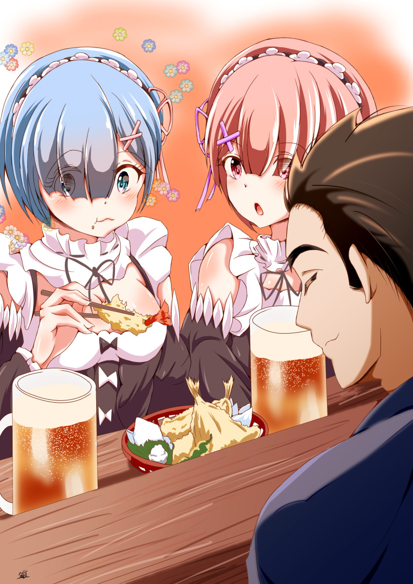 1boy, 2girls, absurdres, alcohol, beer, beer_mug, blue_eyes, blue_hair