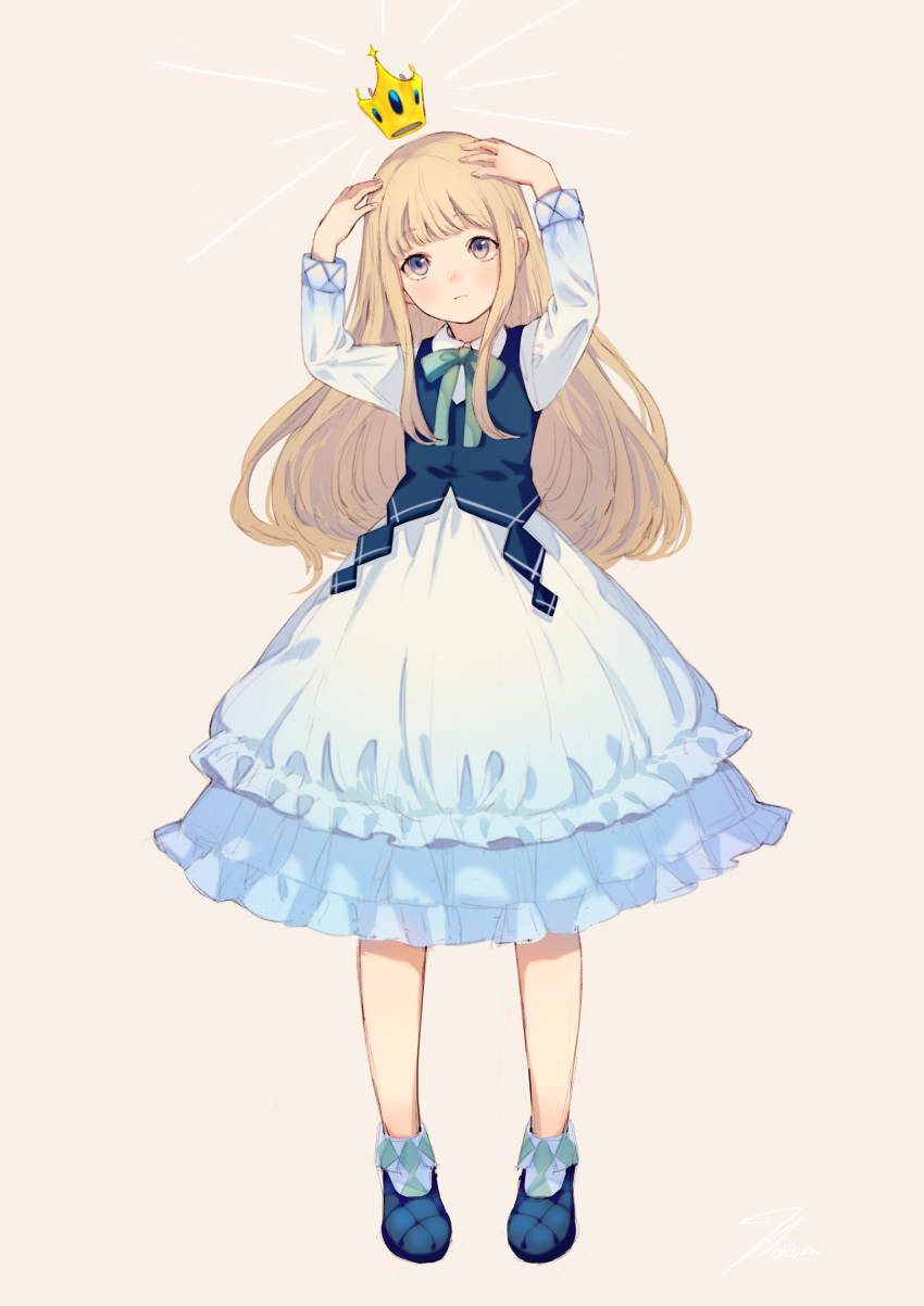 1girl, absurdres, bangs, blonde_hair, blue_eyes, blue_footwear, blush, crown