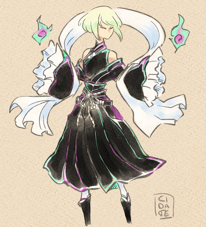 1boy, androgynous, black_dress, cidate, dress, fire, frilled_sleeves, frills