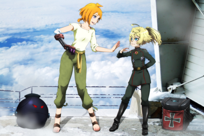 ahoge, asymmetrical_sleeves, blonde_hair, blue_eyes, boots, bra_strap, braid, company_connection, decadence_(anime), genya_(genya67), green_pants, hat, highres, mechanical_arm, medal, military, military_hat, military_uniform, natsume_(decadence), orange_eyes, pants, pants_rolled_up, sandals, short_hair, single_braid, sky, soldier, tanya_degurechaff, uniform, youjo_senki