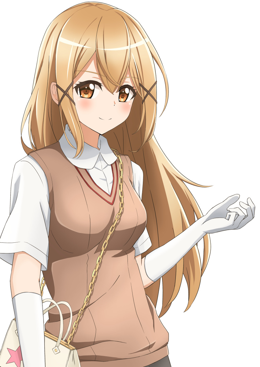 1girl, absurdres, bag, bang_dream!, bangs, between_breasts, blonde_hair, blush