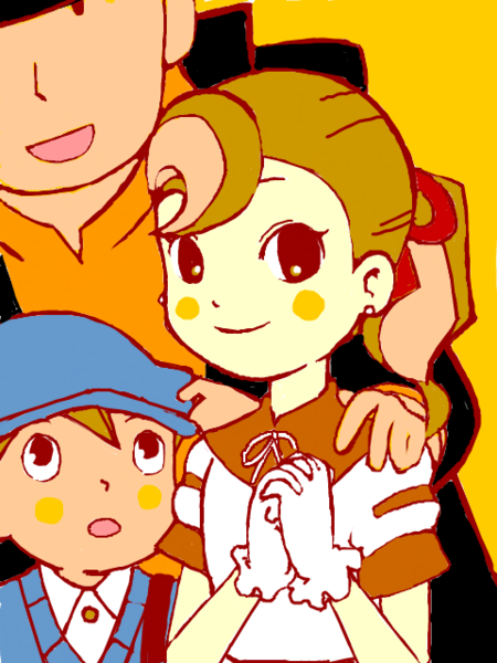 blush, flora_reinhold, gloves, hat, hershel_layton, luke_triton, open_mouth, ponytail