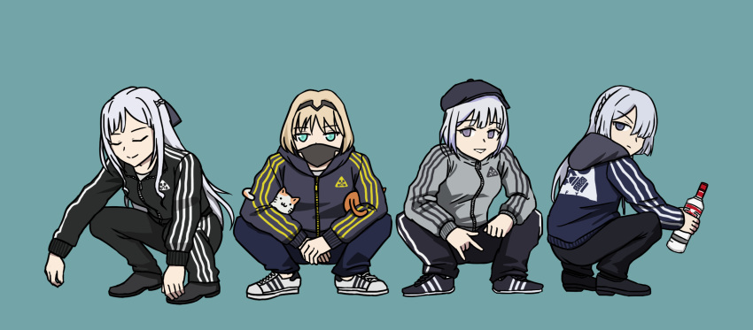 4girls, adidas, ak-12_(girls_frontline), ak-15_(girls_frontline), alternate_costume, an-94_(girls_frontline), artist_request, blonde_hair
