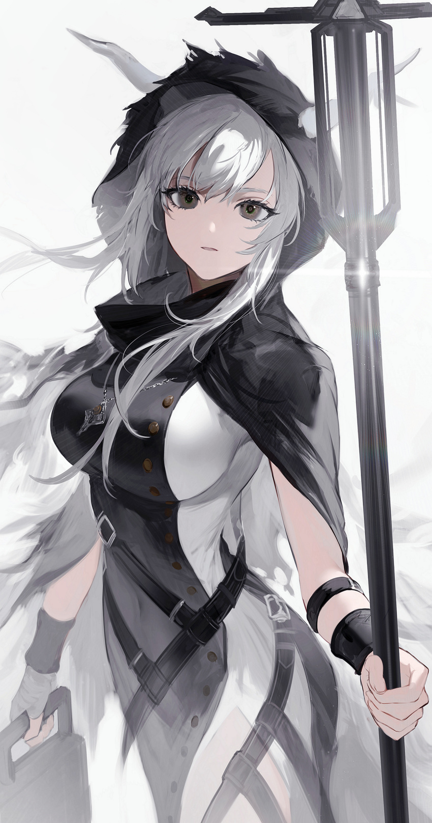 1girl, absurdres, arknights, bandaged_arm, bandages, bangs, closed_mouth, commentary_request