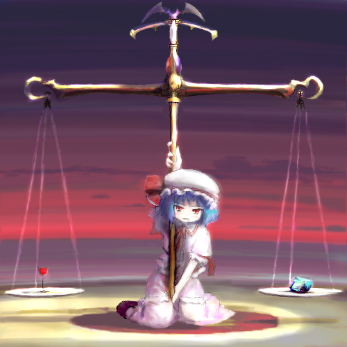 balance, chipika, hat, looking_at_viewer, lowres, oekaki, red_eyes, remilia_scarlet