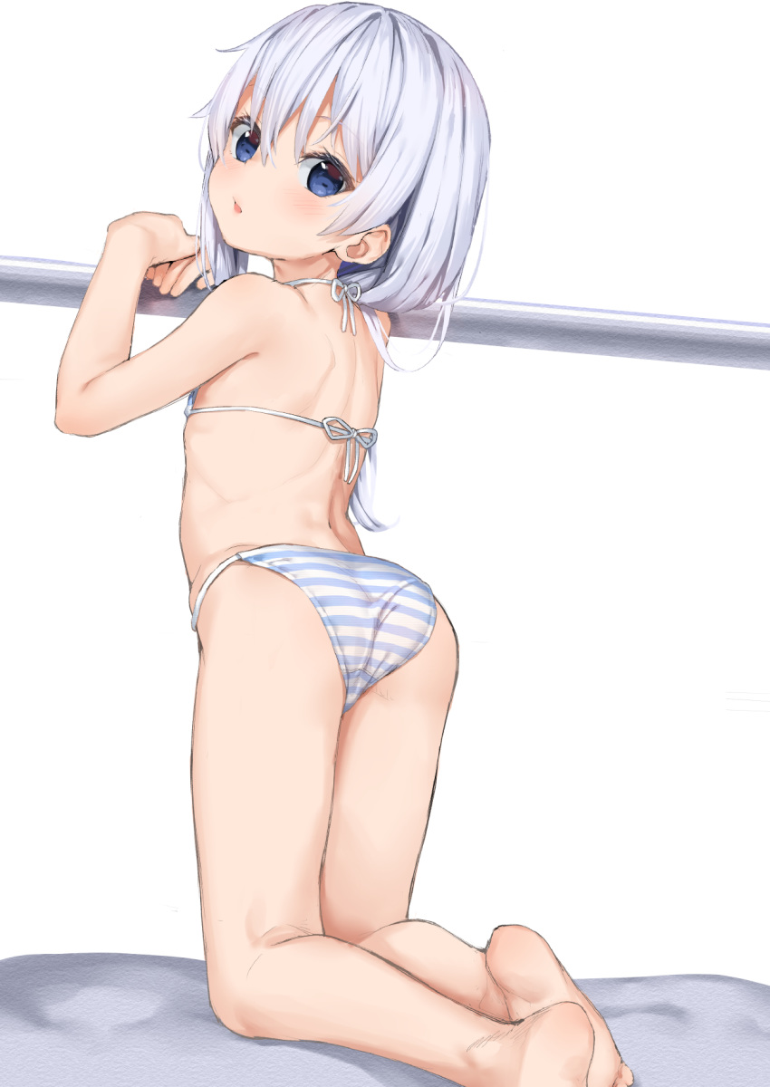 1girl, aruma_(sawayaka_tokuko_miruku), ass, balance_bar, barefoot, bikini, blue_eyes, from_behind, hibiki_(kantai_collection), highres, horizontal_bar, kantai_collection, kneeling, long_hair, looking_at_viewer, looking_back, micro_bikini, silver_hair, simple_background, solo, striped, striped_bikini, swimsuit, white_background