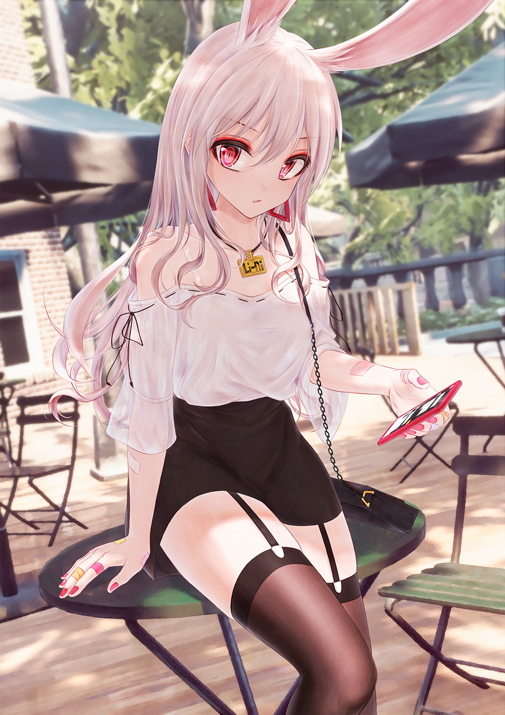 1girl, animal_ears, bae.c, bag, bare_shoulders, black_shorts, bra_strap, brown_legwear