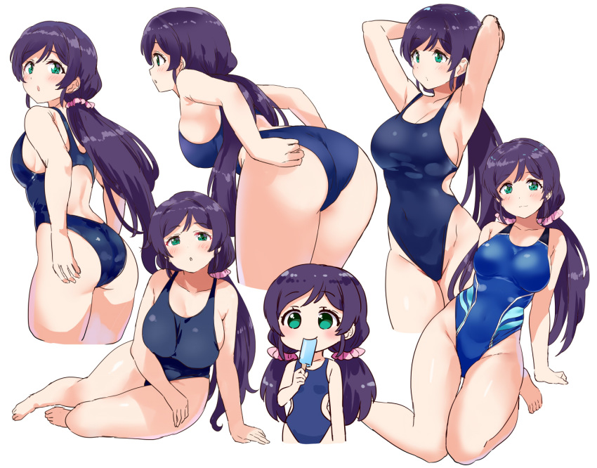 1girl, adjusting_clothes, adjusting_swimsuit, armpits, arms_up, ass, bare_arms, bare_legs