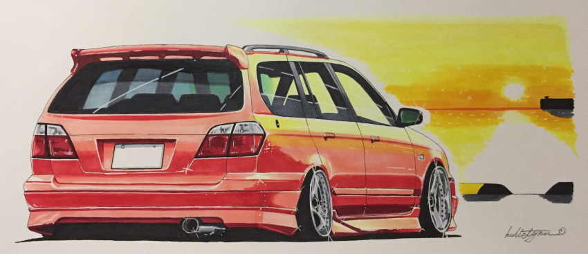 car, from_behind, ground_vehicle, highres, kulistynu, motor_vehicle, nissan, nissan_primera_camino_wagon