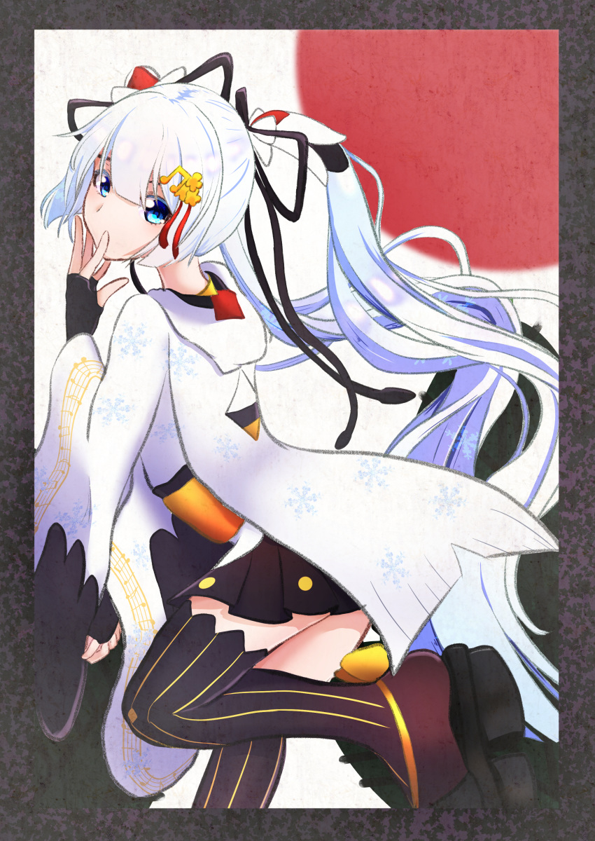 1girl, absurdres, alternate_costume, alternate_hair_color, alternate_hairstyle, black_skirt, blue_eyes, floating_hair