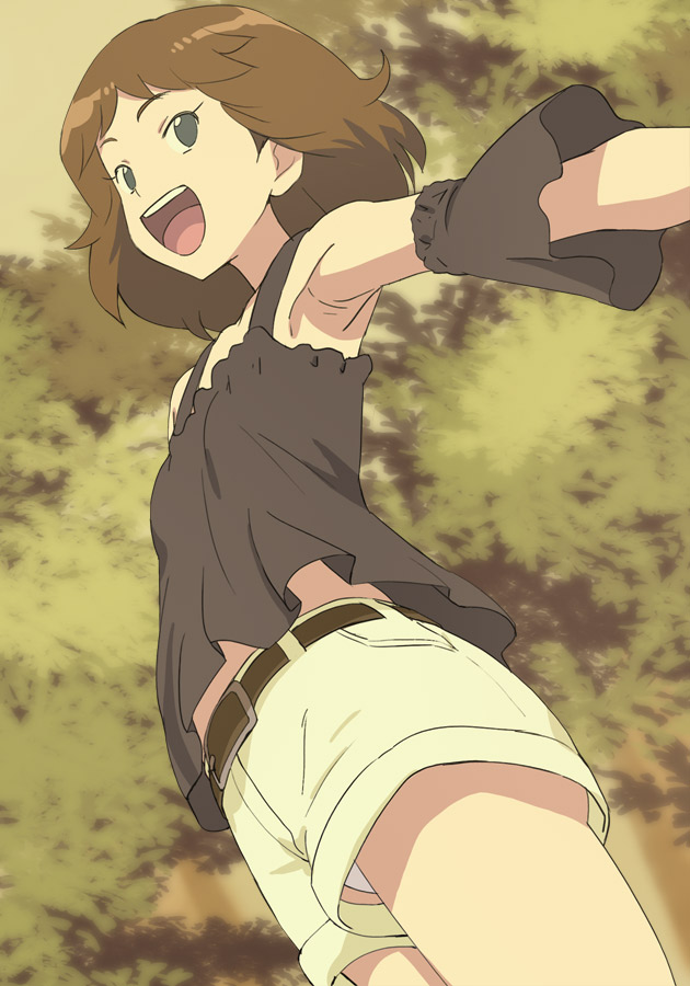 1girl, :d, armpits, belt, black_eyes, black_shirt, brown_belt, brown_hair
