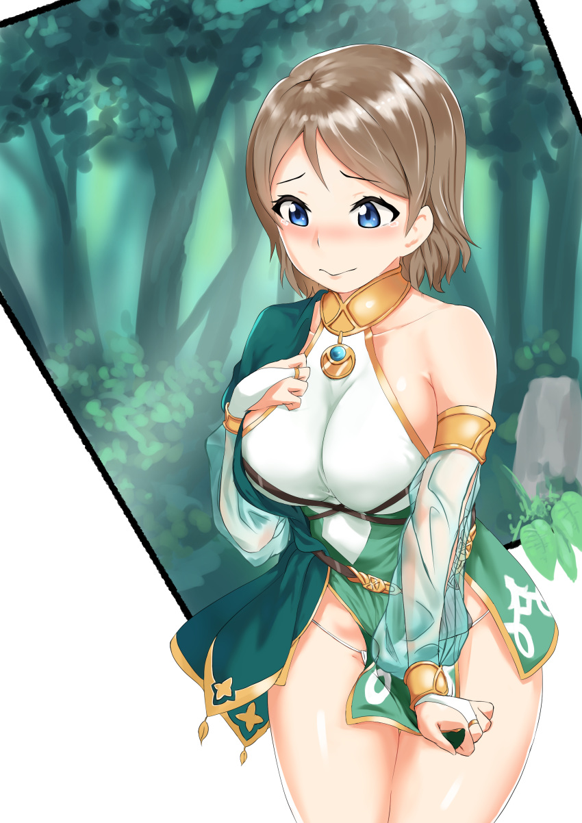 1girl, absurdres, armlet, blue_eyes, blush, bracelet, breasts, brown_hair