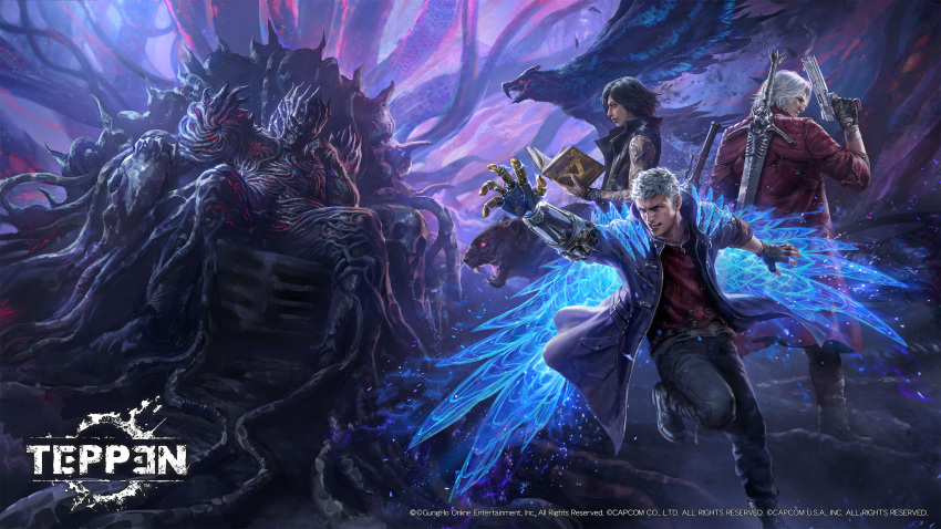 4boys, arm_tattoo, black_hair, book, capcom, copyright, copyright_name, dante_(devil_may_cry), devil_breaker, devil_may_cry, devil_may_cry_(series), devil_may_cry_5, glowing, glowing_wings, griffon_(devil_may_cry_5), gun, handgun, highres, jacket, jeremy_chong, mechanical_arm, monster, multiple_boys, nero_(devil_may_cry), official_art, shadow_(devil_may_cry_5), silver_hair, sparda_(sword), tattoo, teppen, throne, urizen_(devil_may_cry), v_(devil_may_cry), weapon, weapon_on_back, wings