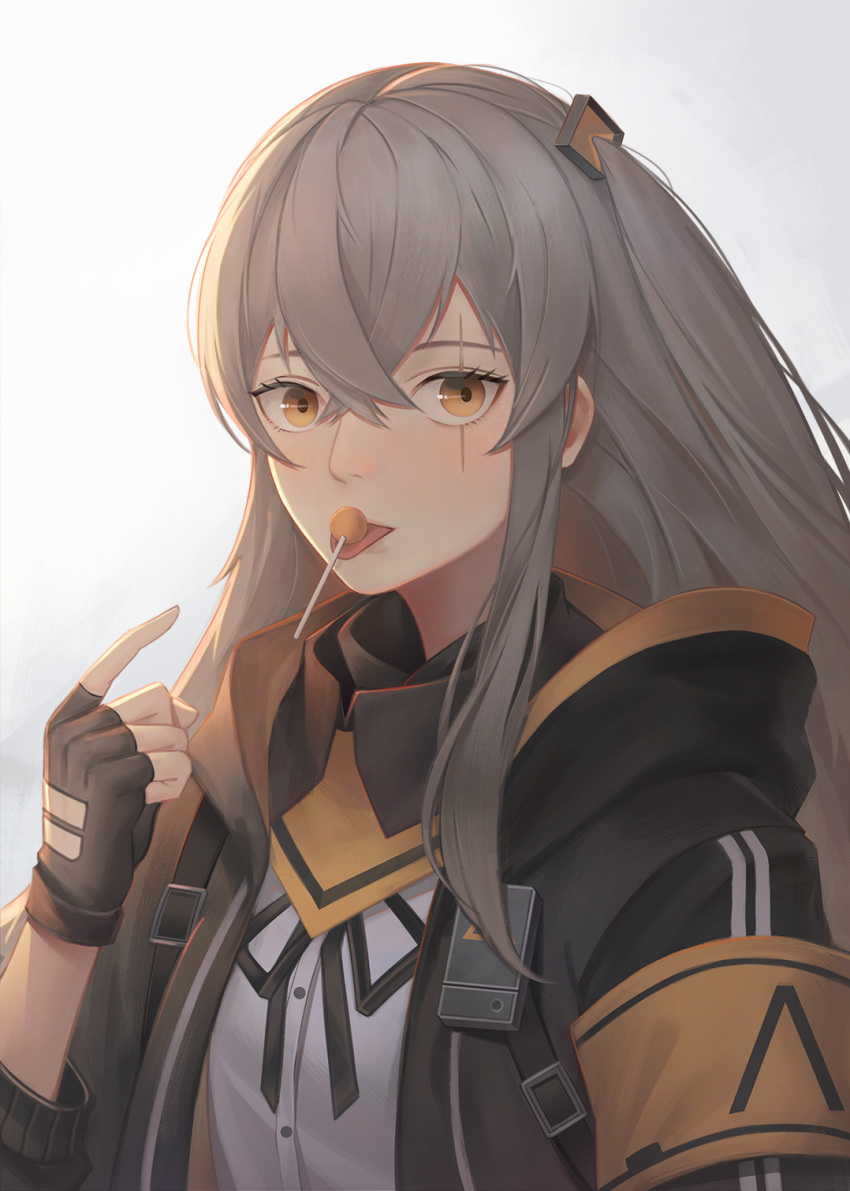 1girl, atokani, candy, food, girls_frontline, grey_hair, highres, lollipop, long_hair, scar, scar_across_eye, solo, ump45_(girls_frontline), very_long_hair, yellow_eyes