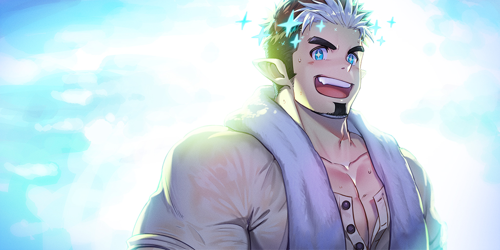 1boy, alternate_costume, bara, beard, biceps, blush, brown_hair, chest