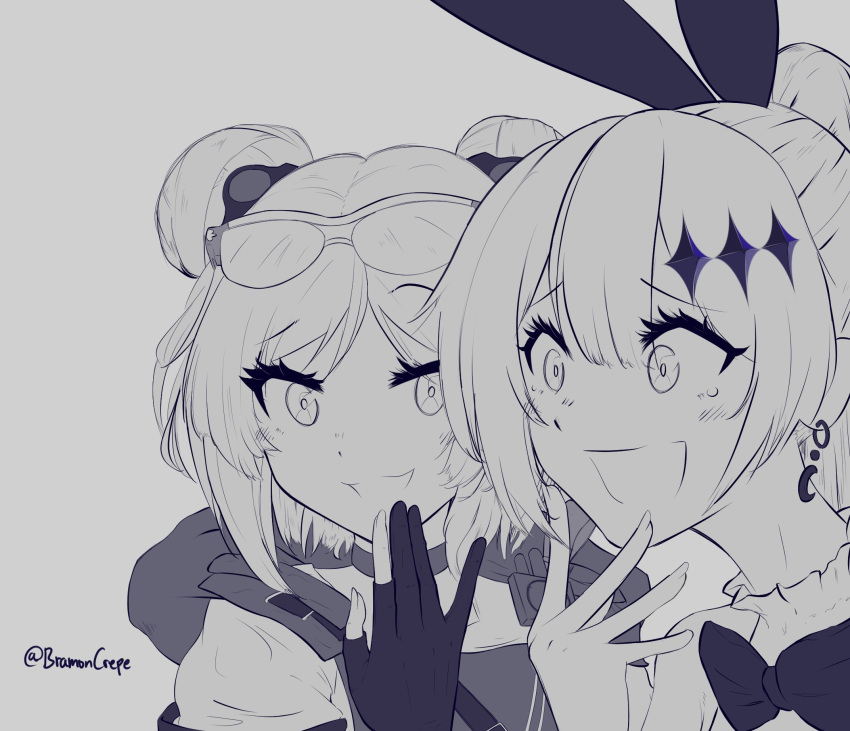 2girls, bramoncrepe, choker, five-seven_(girls_frontline), girls_frontline, highres, kimoi_girls, laughing, long_hair, monochrome, multiple_girls, p90_(girls_frontline), short_hair