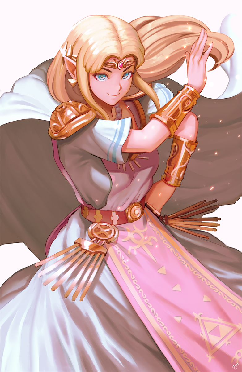 1girl, bangs, blonde_hair, blue_eyes, breasts, cape, commentary, dress