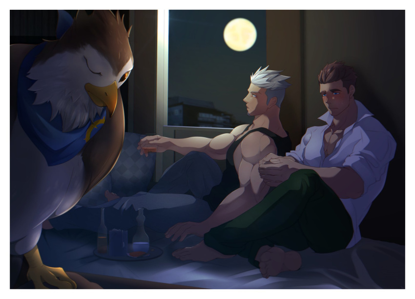 2boys, animal, bara, bird, blue_eyes, blush, brown_hair, chest