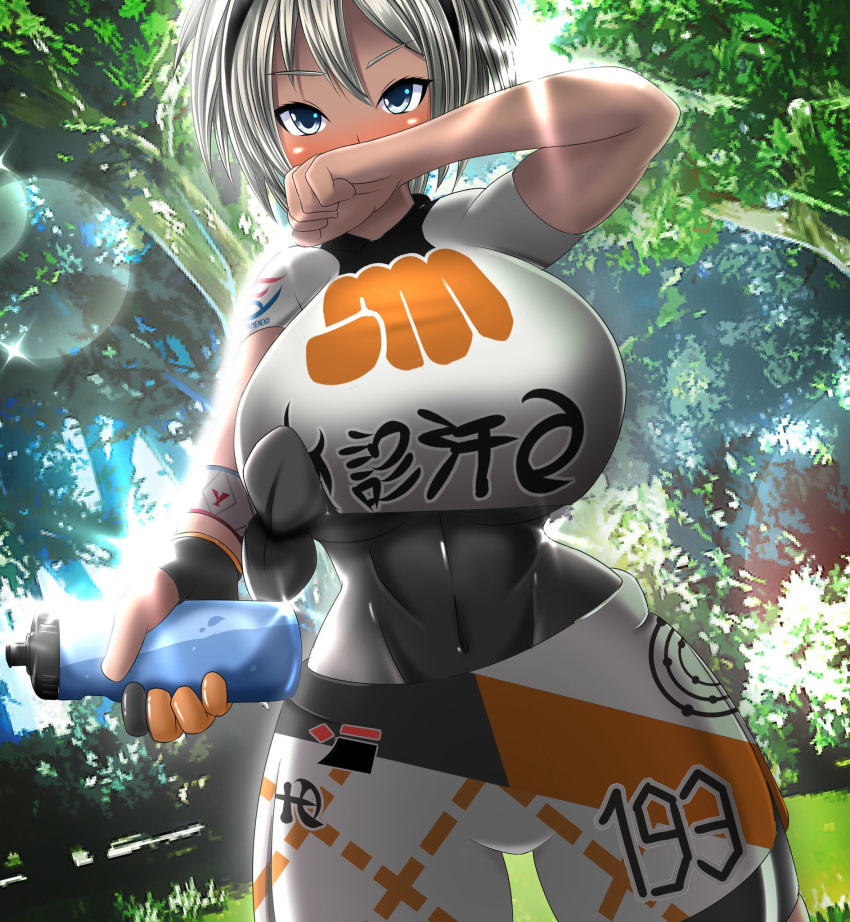 1girl, alternate_breast_size, black_bodysuit, blue_eyes, blush, bodysuit, bottle, breasts