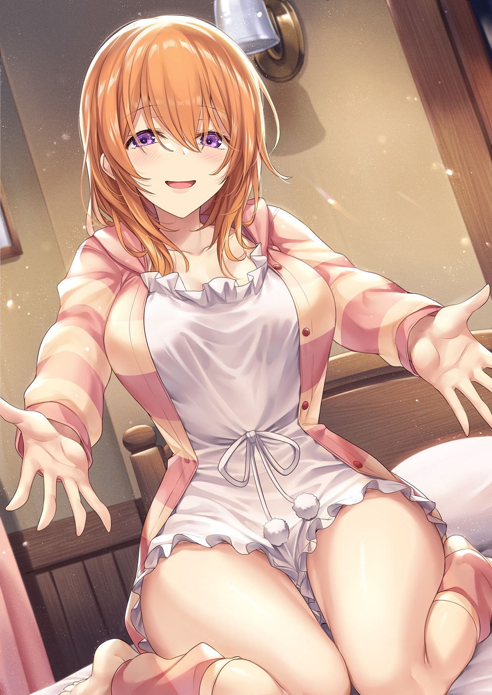1girl, :d, bangs, bed, breasts, cardigan, commentary_request, dress, frilled_dress, frills, gochuumon_wa_usagi_desu_ka?, hair_between_eyes, highres, hoto_cocoa, indoors, ks, large_breasts, long_hair, long_sleeves, o_arms, open_cardigan, open_clothes, open_mouth, orange_hair, pillow, pink_legwear, short_dress, sitting, smile, striped, striped_sweater, sweater, thighs, violet_eyes, wariza, white_dress