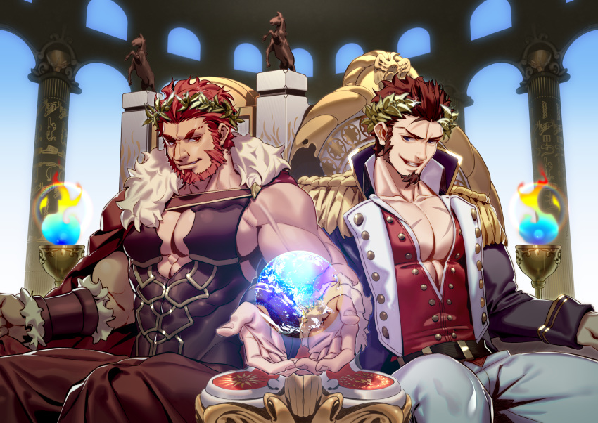 2boys, abs, abs_cutout, architecture, arm_at_side, armor, baggy_clothes, bara