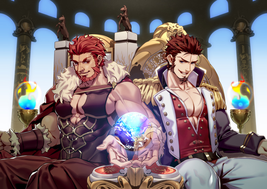 2boys, abs, abs_cutout, architecture, arm_at_side, armor, baggy_clothes, bara