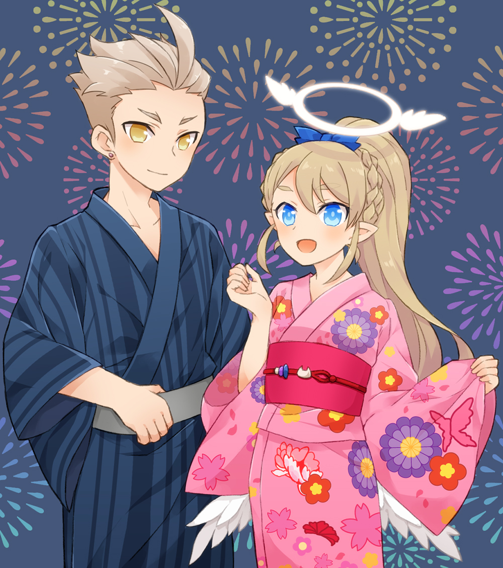 1boy, 1girl, alvin_granford, angel, angel_wings, blonde_hair, blue_eyes, blush