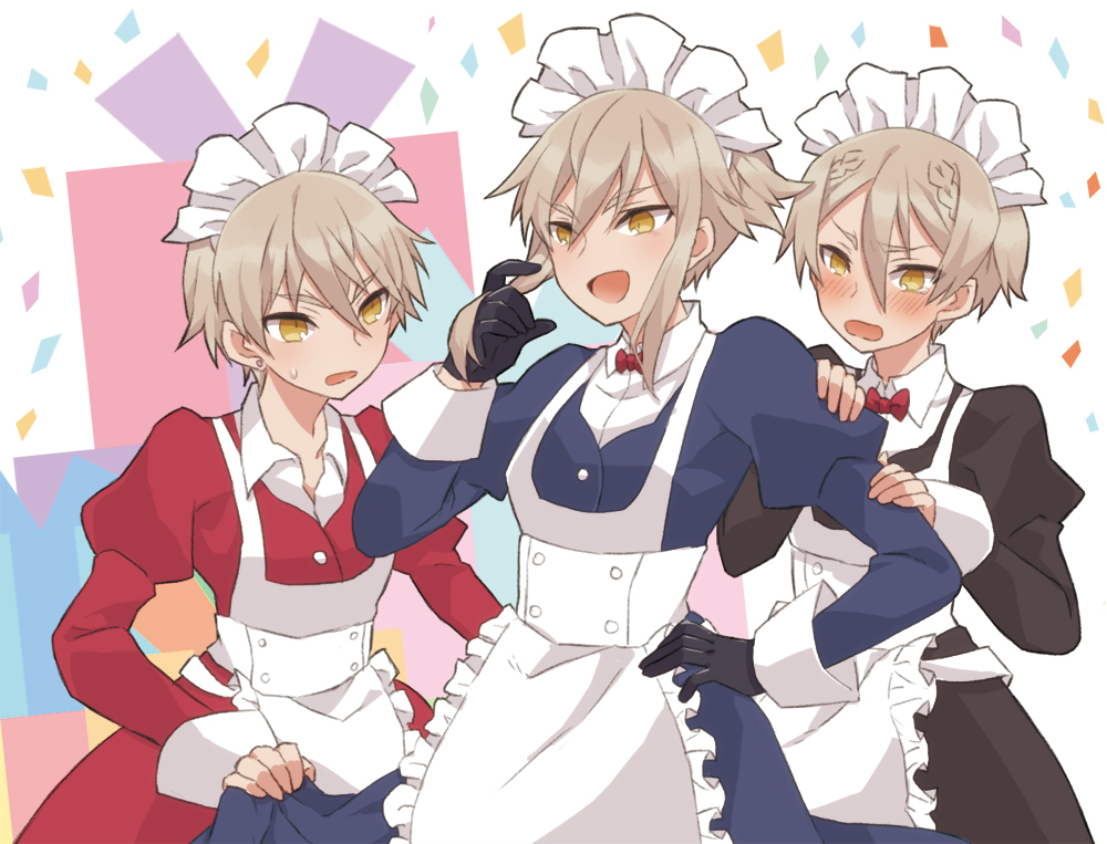3boys, alternate_costume, alvin_granford, apron, black_dress, blush, bow, bowtie