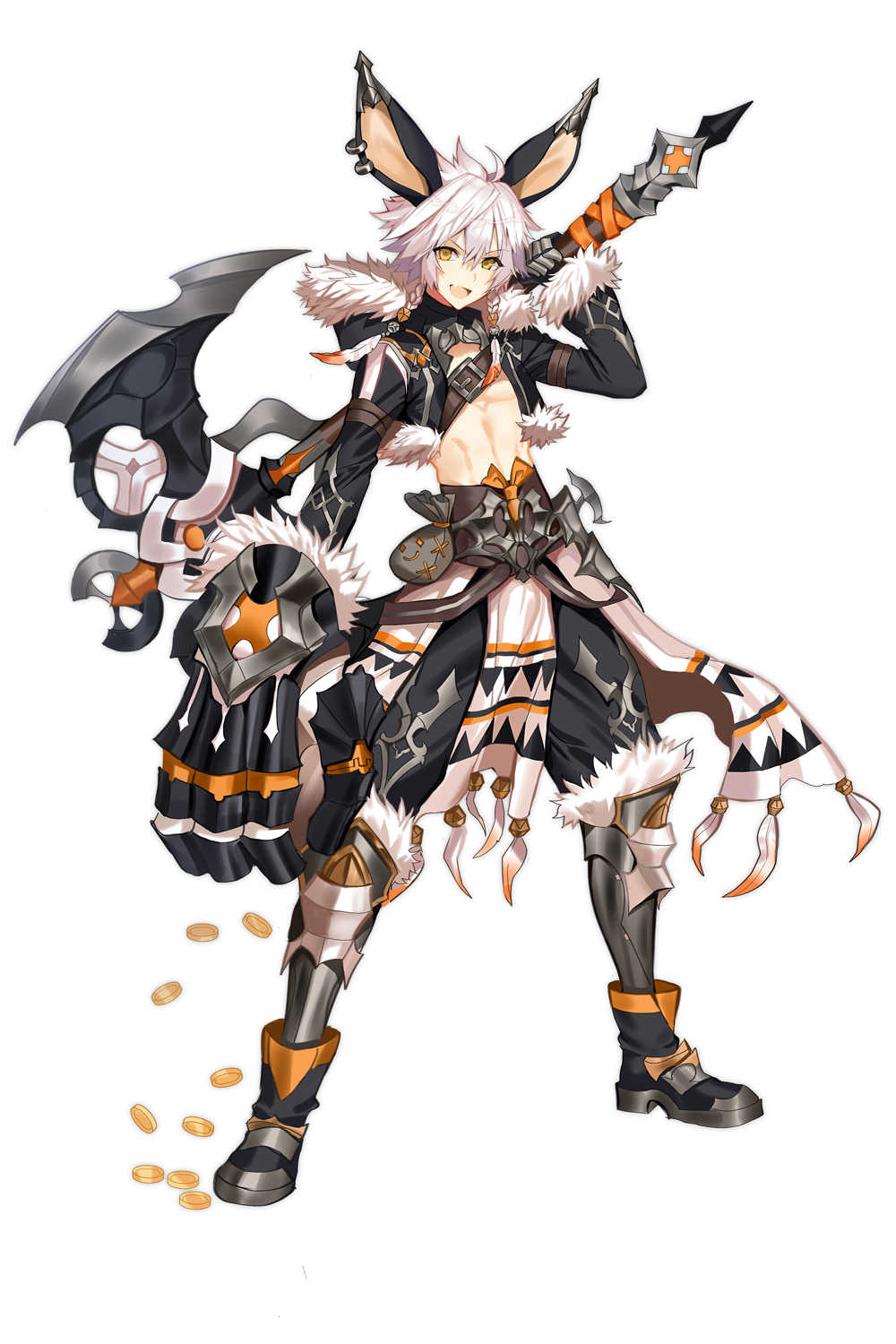 1boy, animal_ears, armor, axe, coin, earrings, eyebot, fang