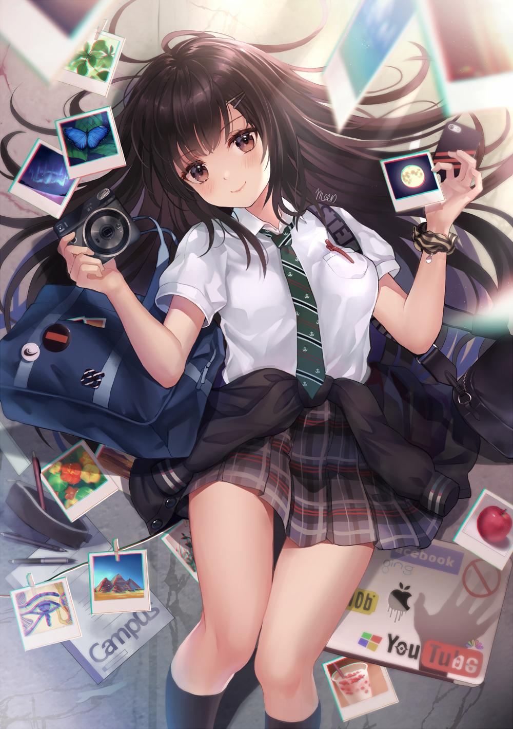 1girl, bag, bangs, bare_thighs, black_hair, black_legwear, blue_blood_moon, blush