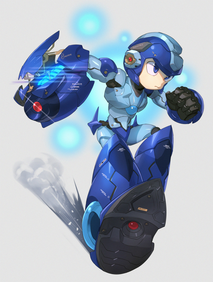 1boy, android, blue_eyes, blue_helmet, blue_theme, cannon, closed_mouth, dust