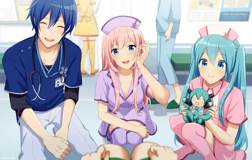 adjusting_hair, aqua_eyes, aqua_hair, aqua_neckwear, badge, black_sleeves, blue_eyes, blue_hair