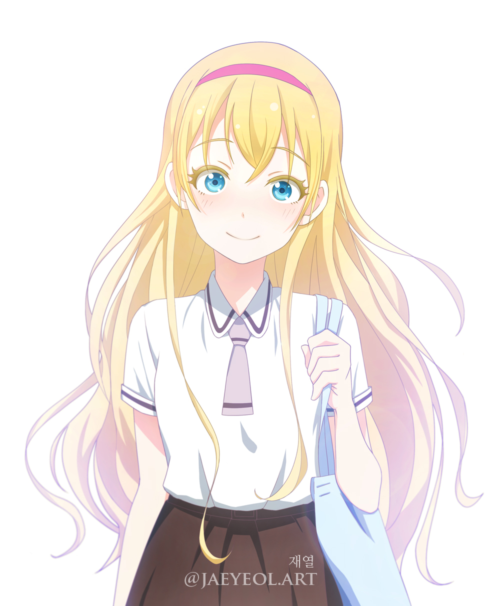 1girl, asobi_asobase, bag, bangs, blonde_hair, blue_bag, blue_eyes, blush, brown_skirt, closed_mouth, collared_shirt, commentary, eyelashes, hairband, highres, looking_at_viewer, necktie, nkboys2012, olivia_(asobi_asobase), pink_hairband, shiny, shiny_hair, shirt, short_sleeves, simple_background, skirt, smile, solo, uniform, white_background